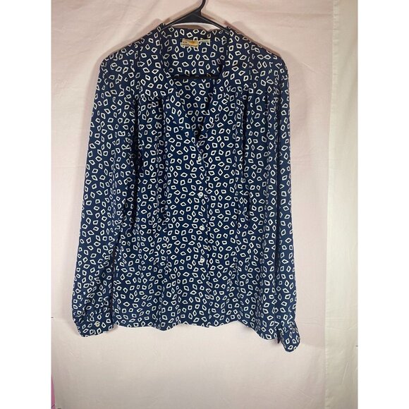 Liz Claiborne Blue with  White Shapes Long Sleeve Button Down Blouse Size 12 - Picture 1 of 3